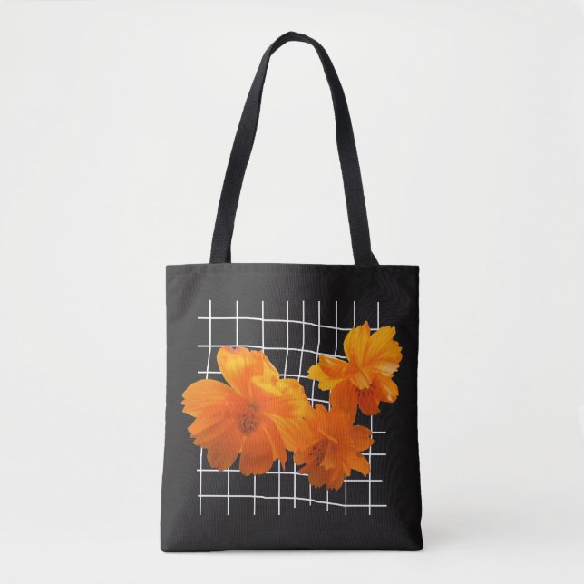 Orange Cosmos Flower on White Grid on Black Tote Bag (Front)