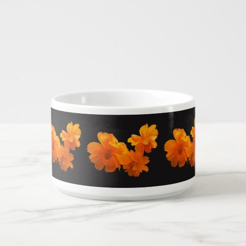 Orange Cosmos Flowers on Black with White Trim Bowl