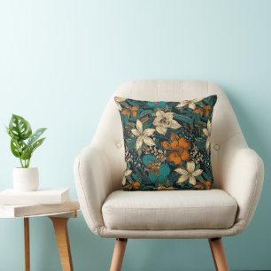 Orange Cream and Green Batik Florals Throw Pillow