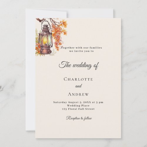 Orange cream fall florals lantern rustic wedding invitation