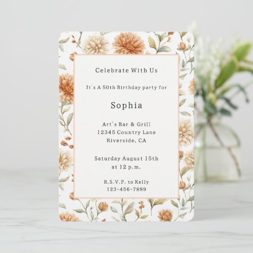 Orange Cream Flowers Birthday Invitation