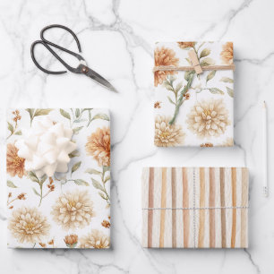 Orange Cream Flowers Stripes Bridal Shower Wrapping Paper Sheets