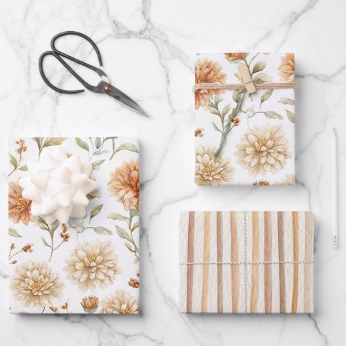 Orange Cream Flowers Stripes Bridal Shower Wrapping Paper Sheets