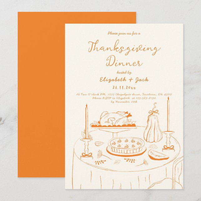 Orange & Cream Hand Drawn Doodle Thanksgiving  Invitation (Front/Back)