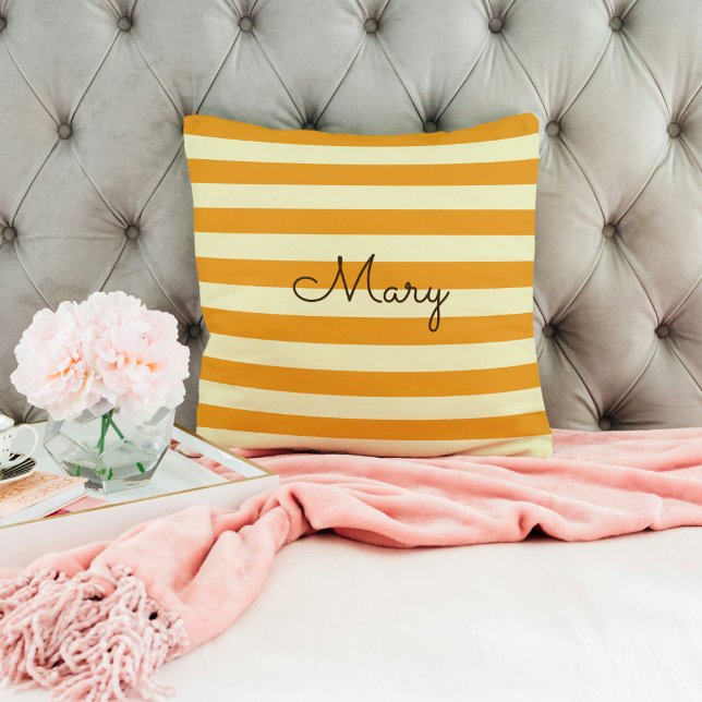 Orange & Cream Stripes with Name Throw Pillow (Creator Uploaded)