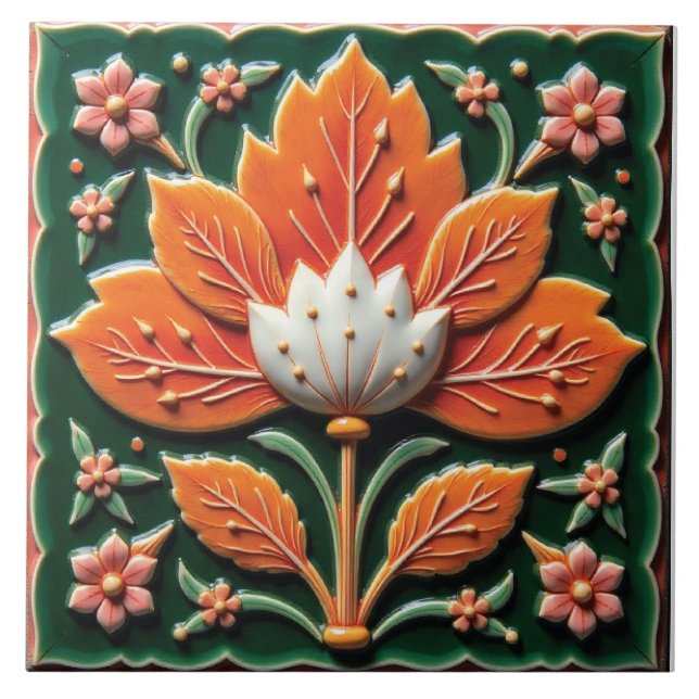 Orange Creme Flora Ceramic Tile (Front)