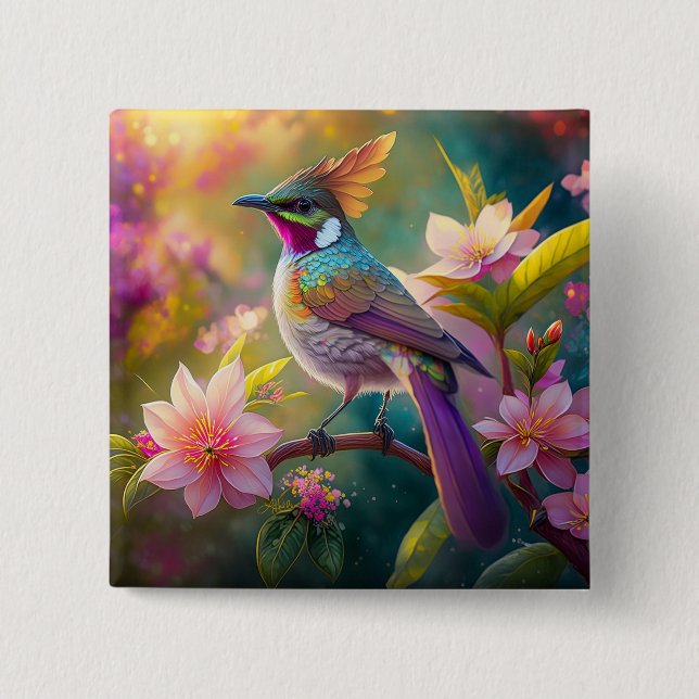 Orange Crested Rainbow Jay Fantasy Bird Button (Front)