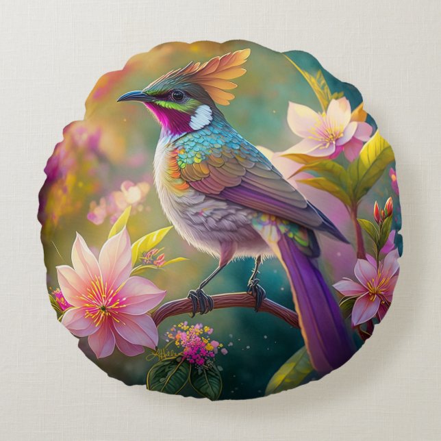 Orange Crested Rainbow Jay Fantasy Bird Round Pillow (Front)