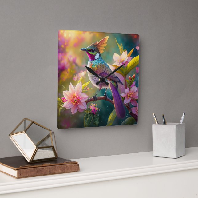 Orange Crested Rainbow Jay Fantasy Bird Square Wall Clock (Office)