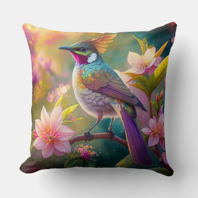 Orange Crested Rainbow Jay Fantasy Bird Throw Pillow (Front)