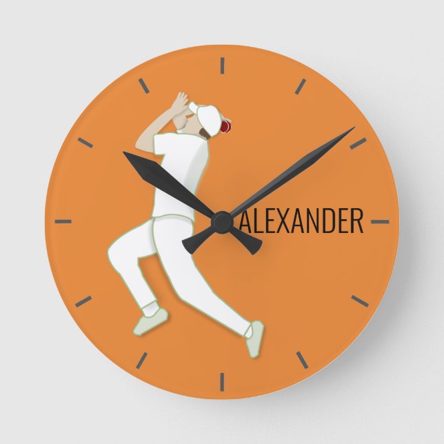 Orange Cricketer Bowling Round Clock (Front)