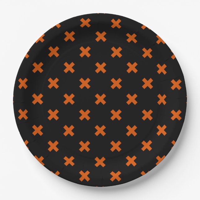 Orange cross stitches on black paper plates (Front)