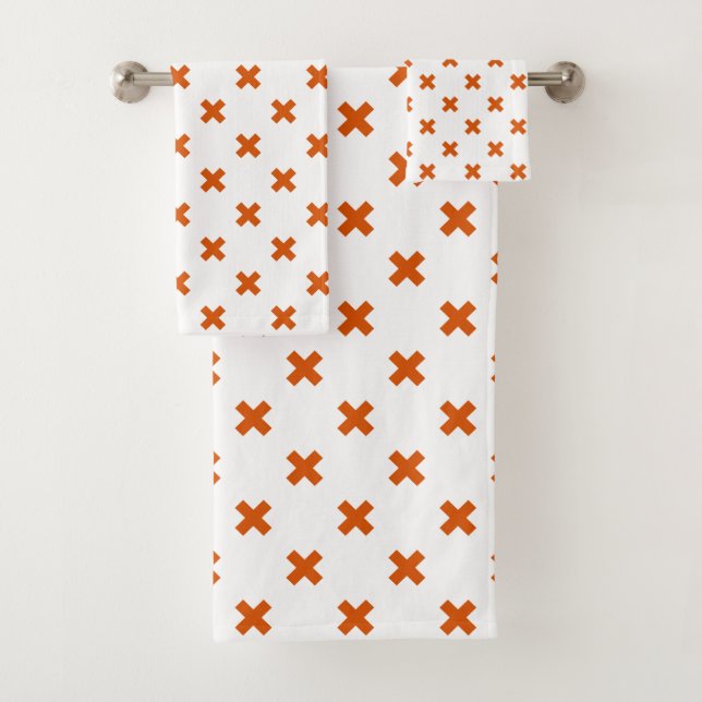 Orange cross stitches on white bath towel set (Insitu)