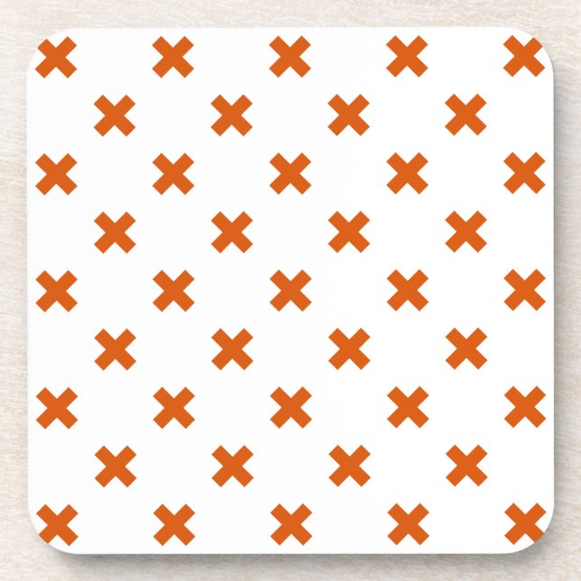 Orange cross stitches on white beverage coaster (Front)