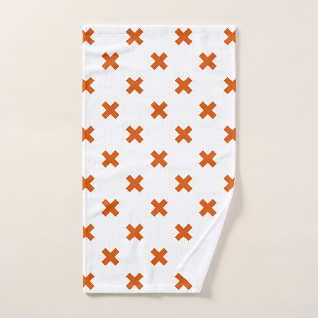 Orange cross stitches on white hand towel  (Hand Towel)