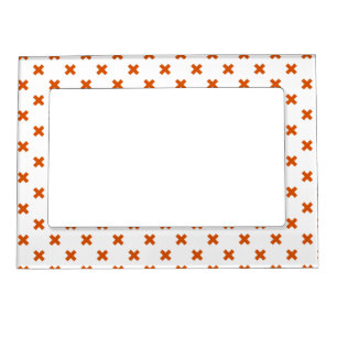 Orange cross stitches on white magnetic frame