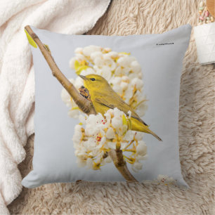 Orange-Crowned Warbler in the Cherry Blossoms Throw Pillow