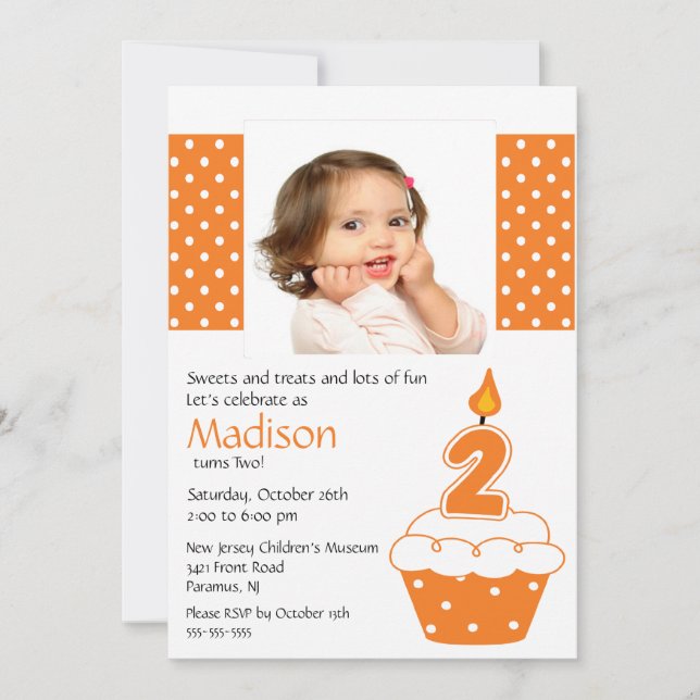 Orange Cupcake Photo 2nd Birthday Invitation (Front)