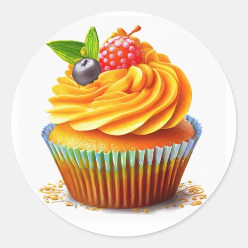 Orange cupcake with berries birthday  classic round sticker