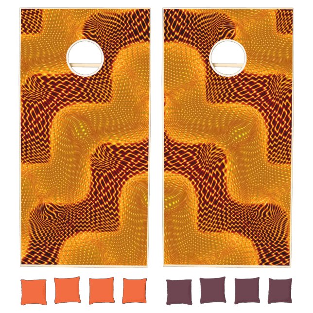 Orange curve and golden points on brown background cornhole set (Set)