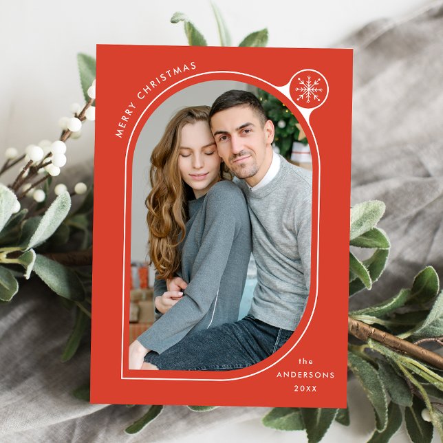 Orange Curved Frame Snowflake Photo Holiday Card (Creator Uploaded)