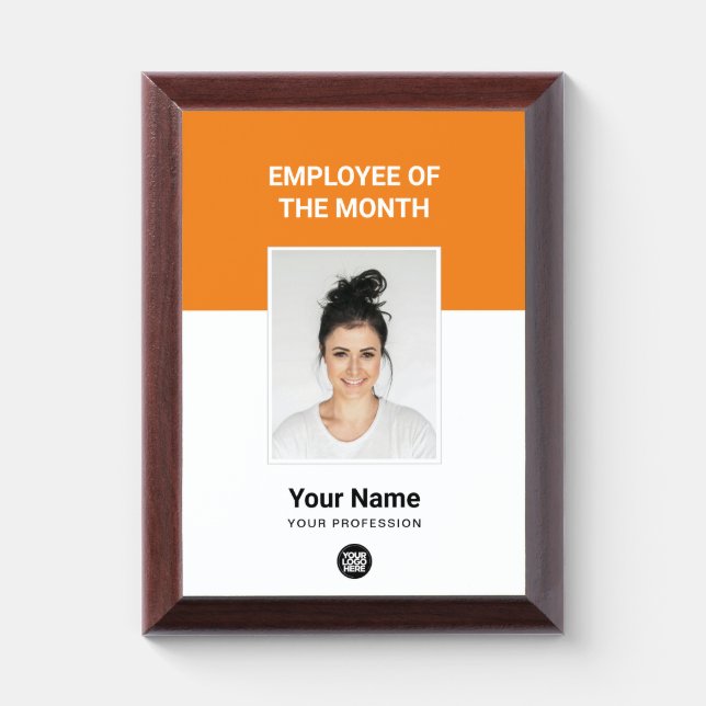 Orange Custom Employee of the Month Logo and Photo Award Plaque (Vertical)