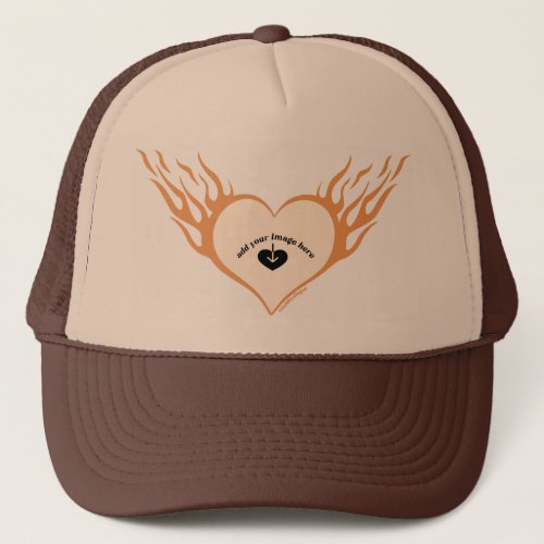 Orange Custom flaming heart  Trucker Hat - Orange y2k flaming heart with customizing inside the heart with any picture like a girlfriend, pet, boyfriend or special someone or even yourself! Expressing self love. 
