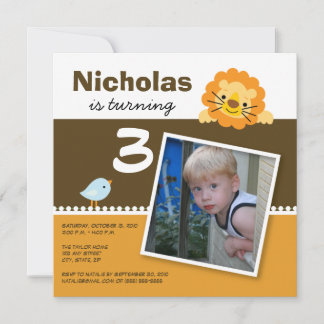 Orange Custom Lion & Birdie Birthday Party Invite