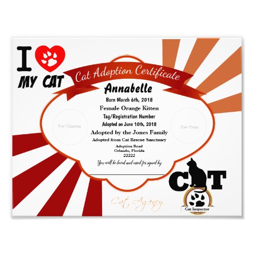 Orange Customizable Cat Adoption Certificate Photo Print