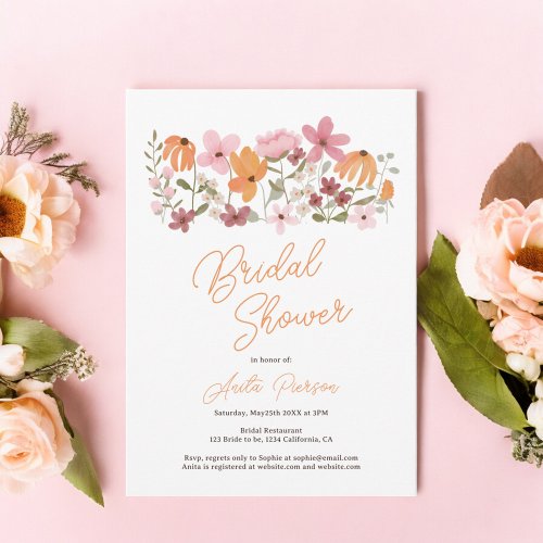 Orange Cute boho meadow wildflower bridal shower Invitation