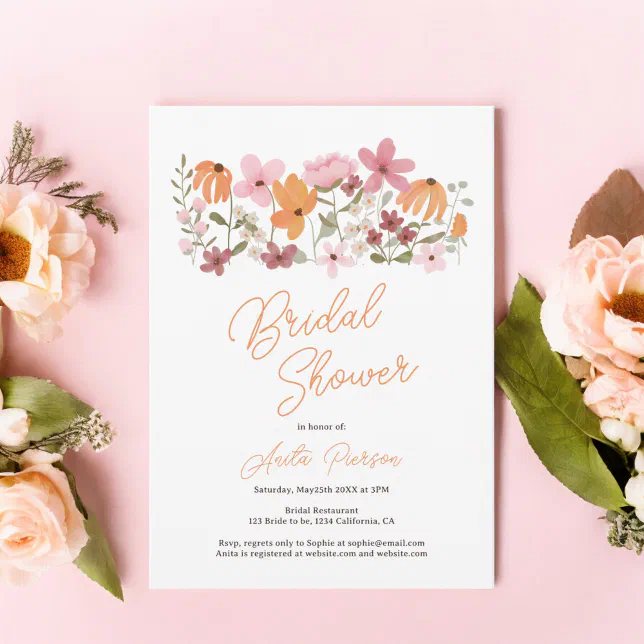 Orange Cute boho meadow wildflower bridal shower Invitation | Zazzle