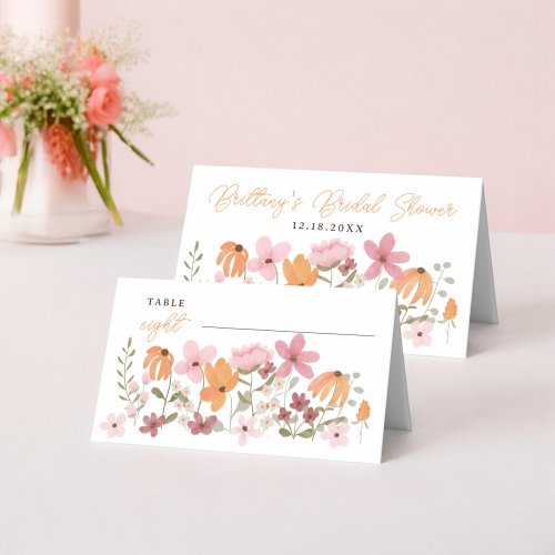 Orange Cute boho meadow wildflower bridal shower Place Card