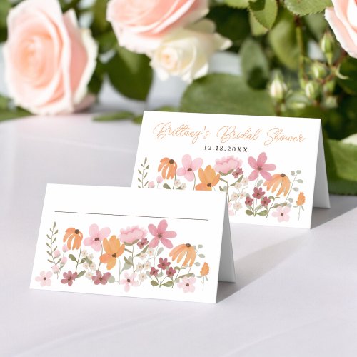 Orange Cute boho meadow wildflower bridal shower Place Card