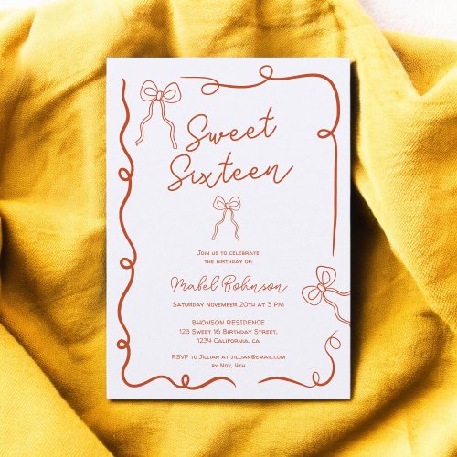 Orange cute bows ribbons illustrations Sweet 16 Invitation