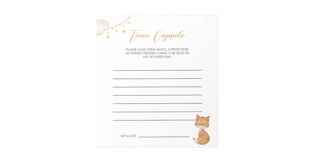 Orange Cute Fox Baby Shower Time Capsule Notepad | Zazzle