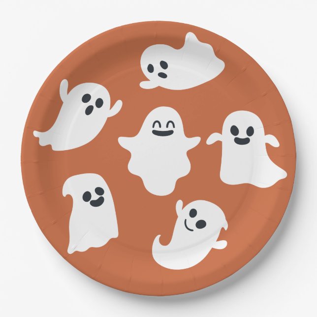 Orange Cute Ghost Halloween Fall Baby Shower Paper Plates (Front)
