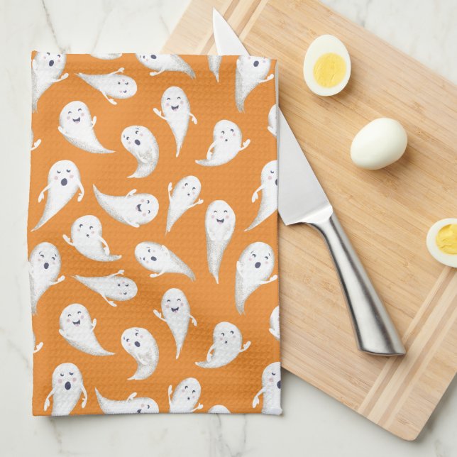 Orange Cute Ghosts Halloween Kitchen Towel (Quarter Fold)