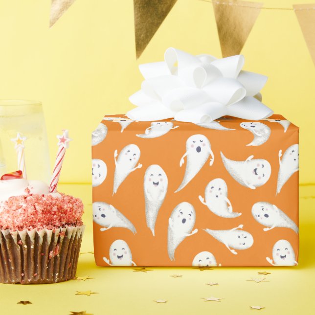 Orange Cute Ghosts Halloween Wrapping Paper (Birthday Party)