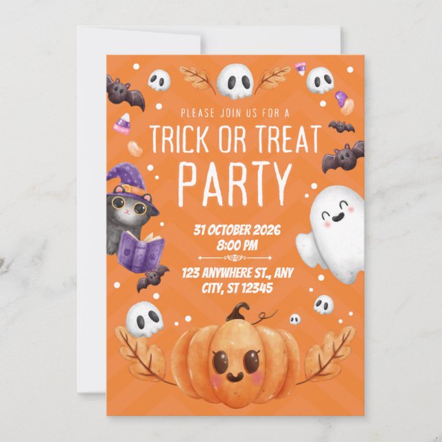 Orange Cute Halloween Trick or Treat Party  Invitation (Front)