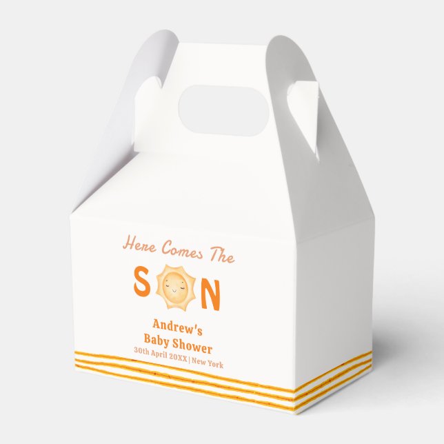 Orange Cute Here Comes The Son Baby Shower Favor Boxes (Front Side)