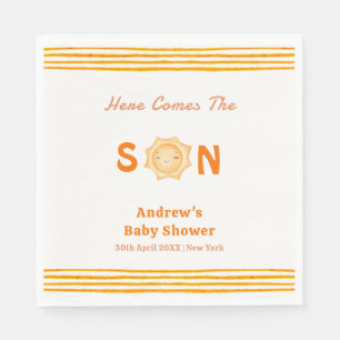 Orange Cute Here Comes The Son Baby Shower Napkins
