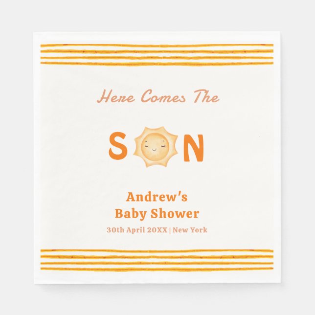 Orange Cute Here Comes The Son Baby Shower Napkins (Front)