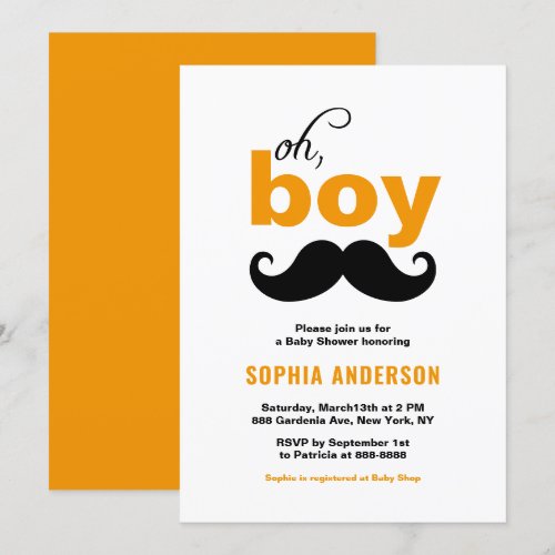 Orange It's a Boy Mustache Baby Shower Invitations