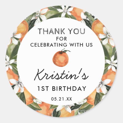 Orange Cutie 1st Birthday Thank You Favor Classic Round Sticker