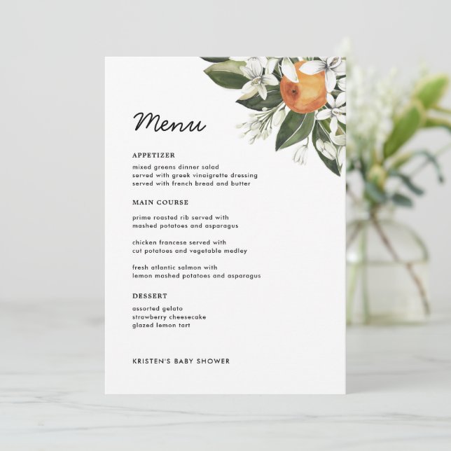 Orange Cutie Baby Shower Citrus Table Menu Cards (Standing Front)