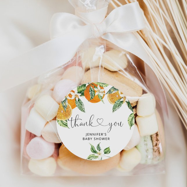 Orange Cutie Baby Shower Thank You Classic Round Sticker (Creator Uploaded)