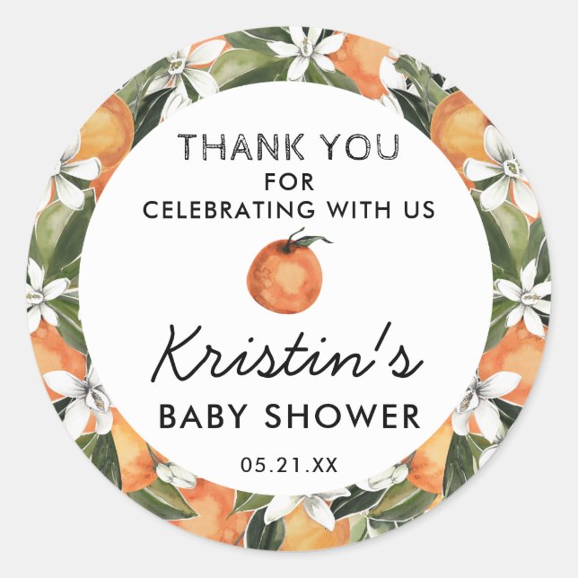 Orange Cutie Baby Shower Thank You Favor Classic Round Sticker (Front)