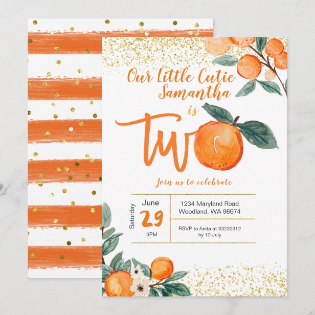 Orange Cutie Second Birthday Gold Glitter Invitation (Front/Back)