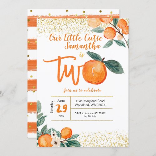 Orange Cutie Second Birthday Gold Glitter Invitation