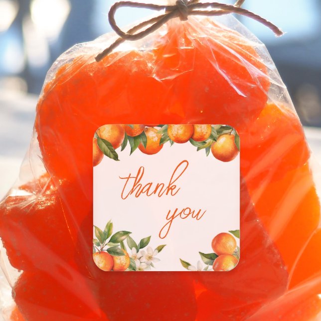 Orange Cutie Thank You Square Sticker (Little Cutie party favor sticker)